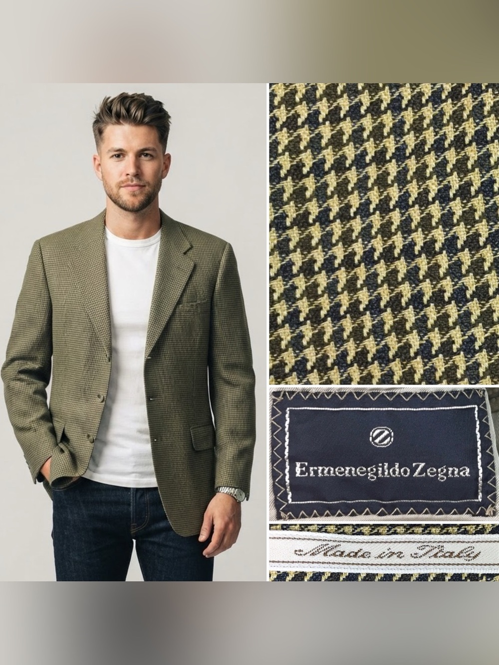 Ermenegildo Zegna 42R Beige Houndstooth Wool Super 100s Bespoke Blazer Jacket